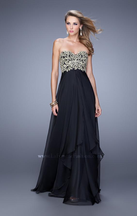 Picture of: Strapless Chiffon Gown with Tiered Skirt and Beading in Black, Style: 20994, Detail Picture 5