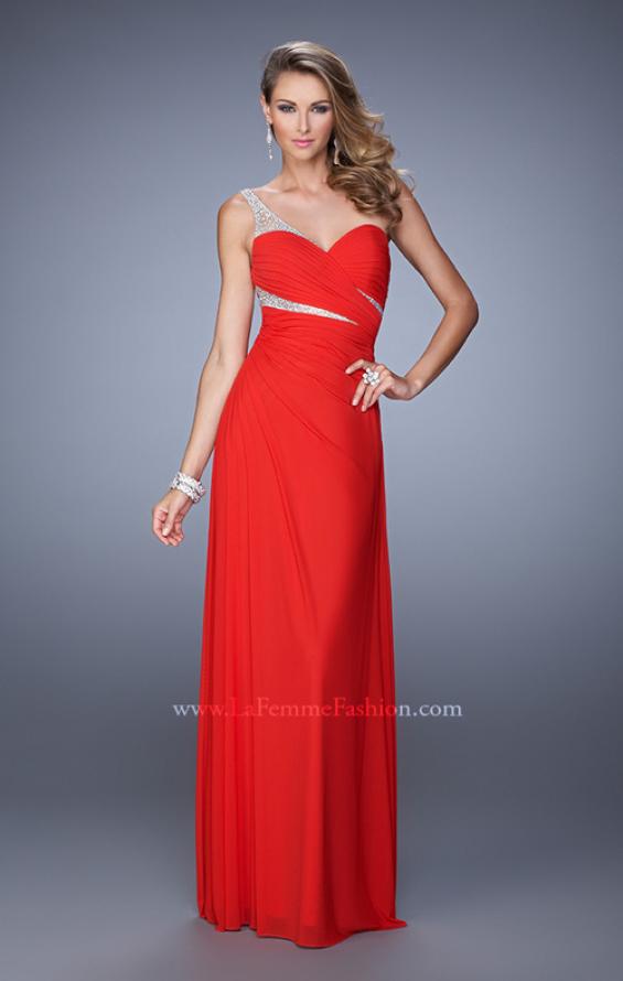 Picture of: One Shoulder Prom Dress with Cut Outs and Rhinestones in Red, Style: 21011, Detail Picture 1
