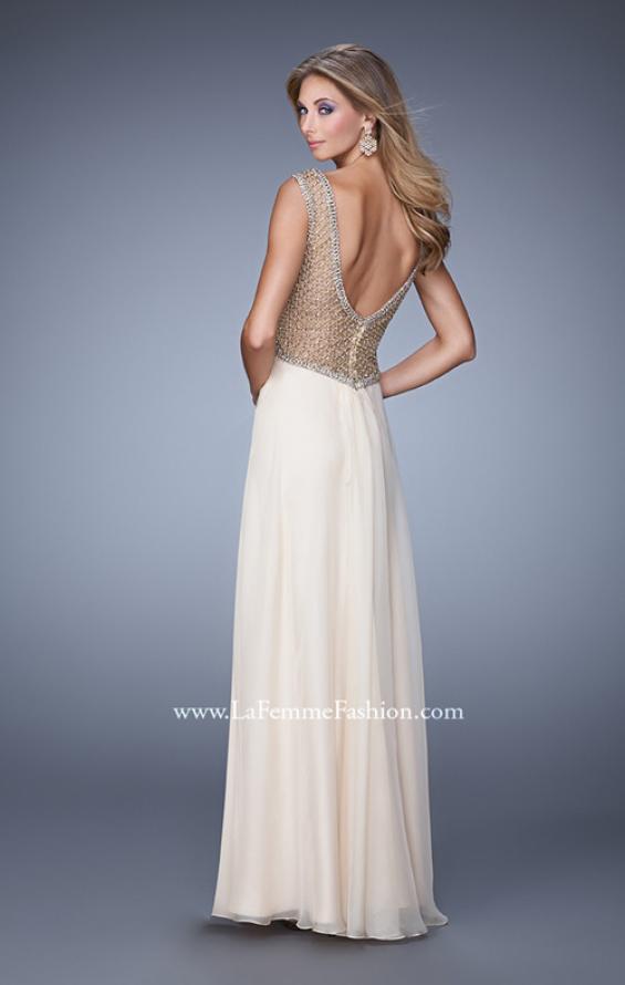Picture of: Long Chiffon Gown with Knotted Bust and Beading in Nude, Style: 21012, Back Picture