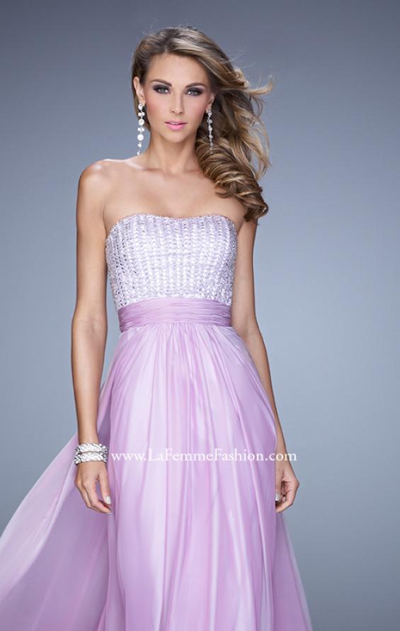 Picture of: Gathered Waistband Long Prom Dress with Crystal Beads in Wisteria, Style: 21015, Detail Picture 1