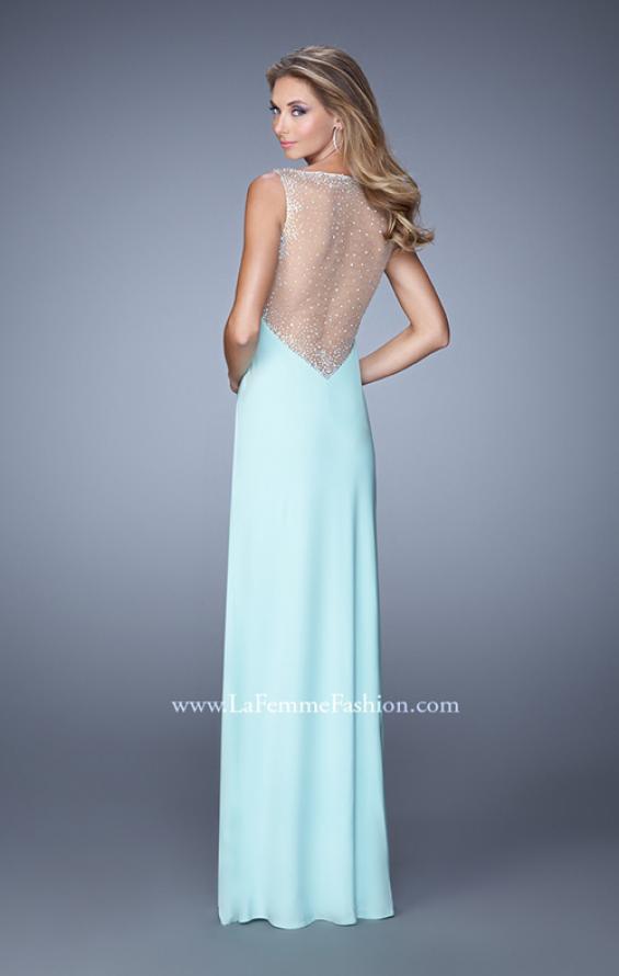 Picture of: Deep V Jersey Dress with Sheer Illusion Netting in Aqua, Style: 21020, Back Picture