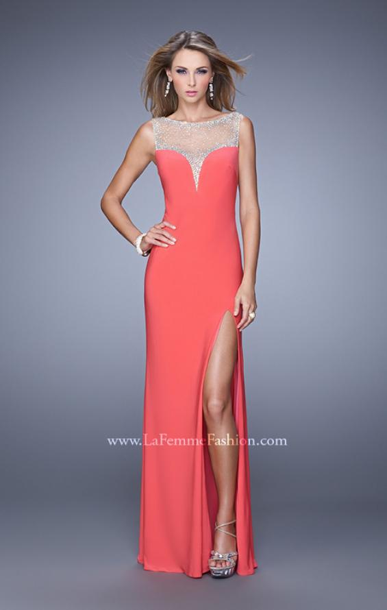 Picture of: Deep V Jersey Dress with Sheer Illusion Netting in Coral, Style: 21020, Detail Picture 1