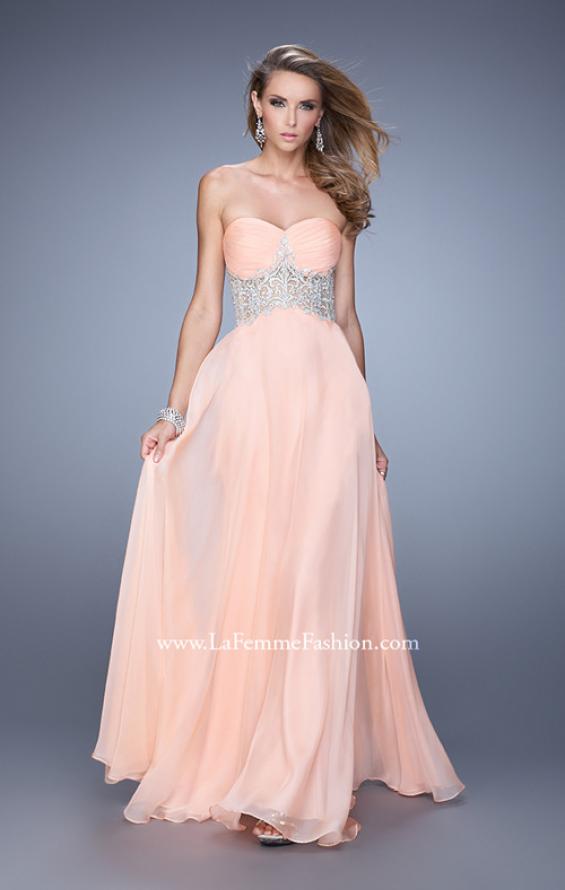 Picture of: Long Strapless Gown with Gathered Bodice and Pearls in Orange, Style: 21022, Detail Picture 1