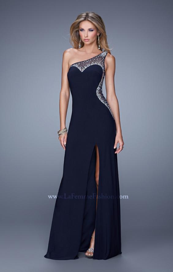 Picture of: Long One Shoulder Prom Dress with Iridescent Stones in Black, Style: 21026, Detail Picture 1