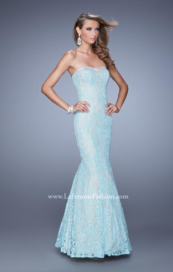 Picture of: Long Lace Mermaid Gown with Pearls and Rhinestones in Aqua, Style: 21034, Detail Picture 1