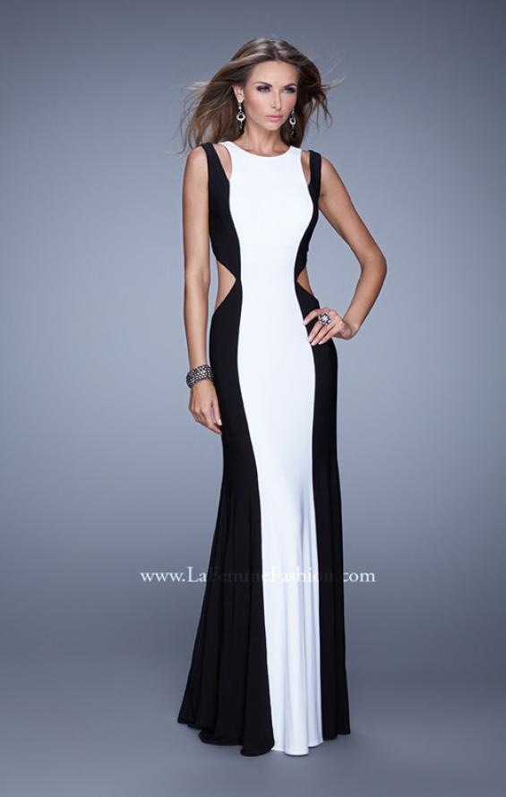 Picture of: Jersey Prom Dress with Modest Neckline and Pearls in Black White, Style: 21049, Main Picture
