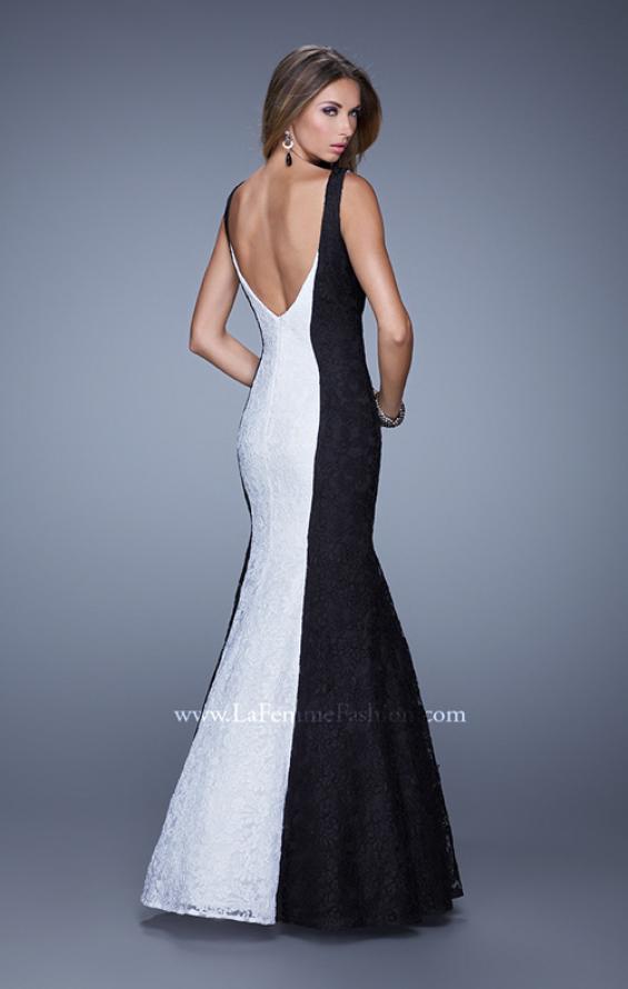 Picture of: Long Chic Sleeveless Gown with Lace Panels in Black White, Style: 21052, Back Picture