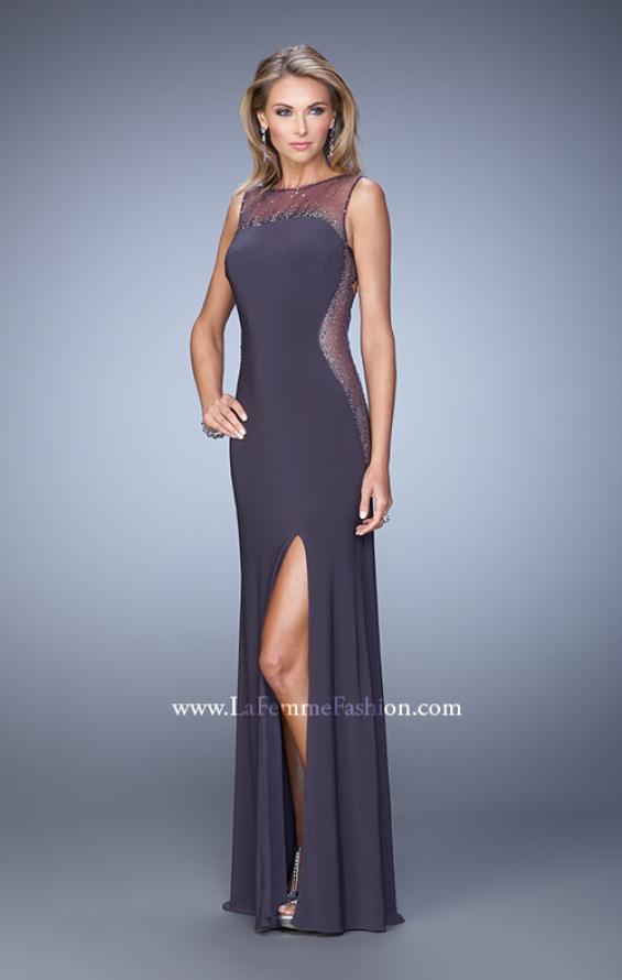Picture of: Glam Long Jersey Dress with Sheer Neckline and Stones in Gray, Style: 21069, Detail Picture 1