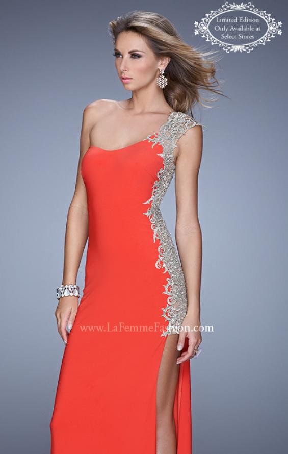 Picture of: One Shoulder Prom Gown with Metallic Embroidery in Red, Style: 21076, Main Picture