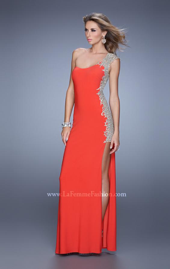 Picture of: One Shoulder Prom Gown with Metallic Embroidery in Red, Style: 21076, Detail Picture 1