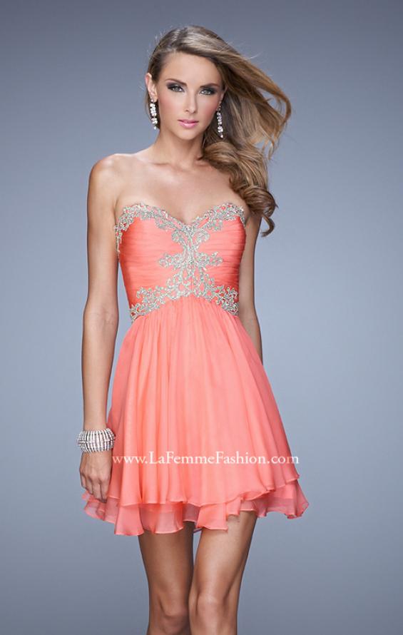 Picture of: Fun Cocktail Dress with Tiered Skirt and Ruched Bodice in Coral, Style: 21081, Detail Picture 1