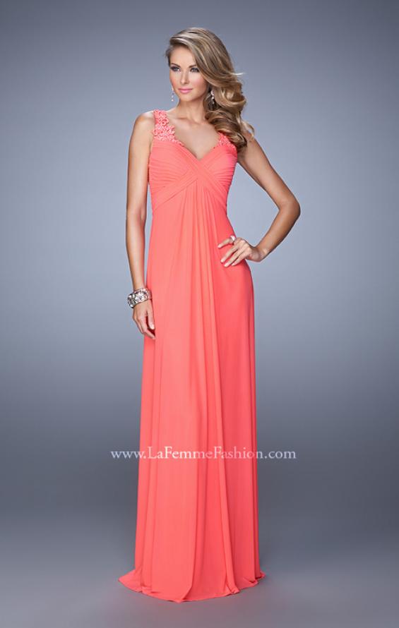 Picture of: Embellished Long Prom Gown with Ruched Bodice in Coral, Style: 21084, Detail Picture 2