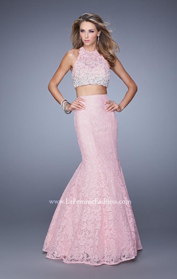 Picture of: Glam Two Piece Halter Lace Dress with Pearl Detail in Pink, Style: 21087, Detail Picture 1