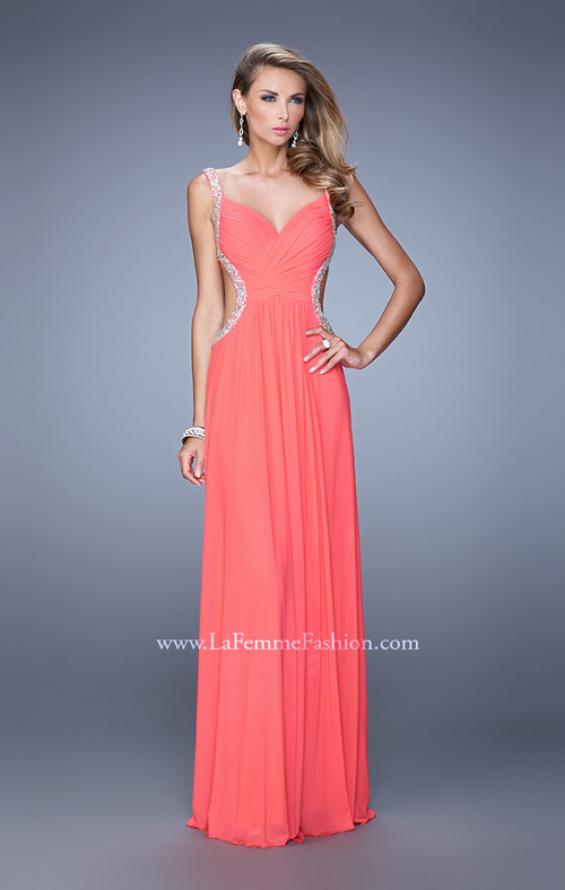 Picture of: Crisscross Gathered Bodice Prom Dress with Beaded Straps in Peach, Style: 21123, Detail Picture 2