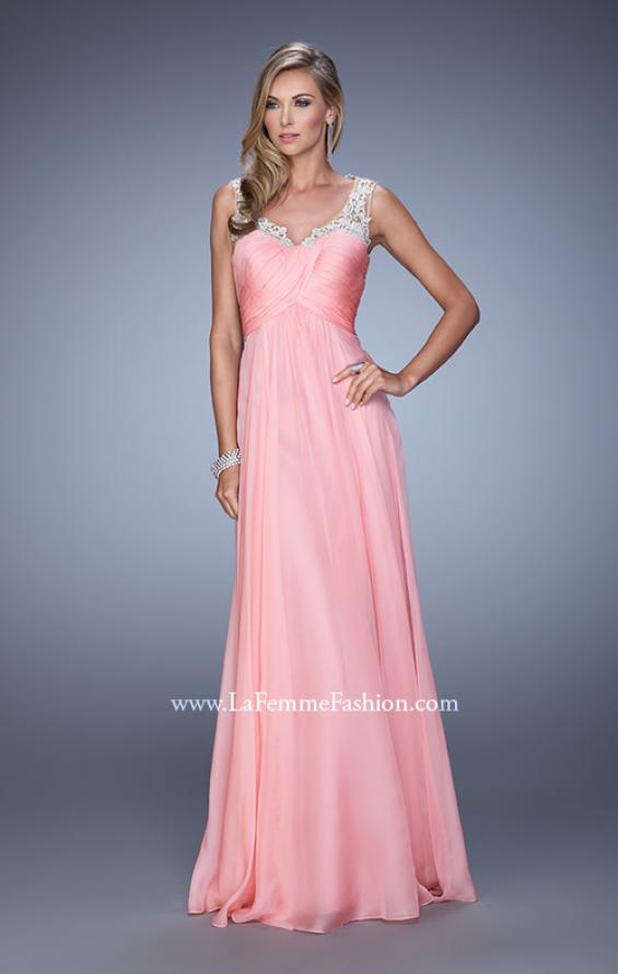Picture of: Long Chiffon Prom Gown with Sheer Embroidered Straps in Coral, Style: 21130, Detail Picture 1