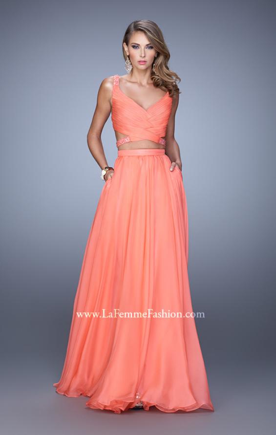 Picture of: Long Two Piece Prom Dress with Iridescent Straps in Coral, Style: 21152, Detail Picture 2