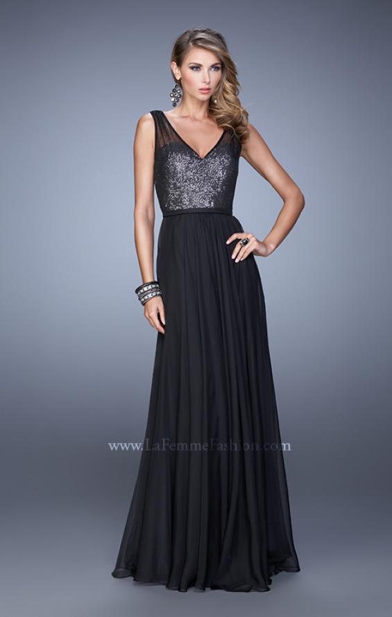 Picture of: Sequined Bodice Long Prom Dress with Sheer Overlay in Black, Style: 21176, Detail Picture 1