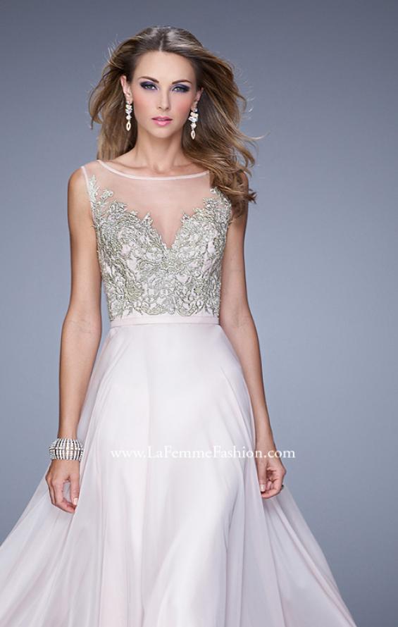 Picture of: Embroidered Bodice Long Prom Gown with Scoop Neck in Blush, Style: 21182, Detail Picture 6