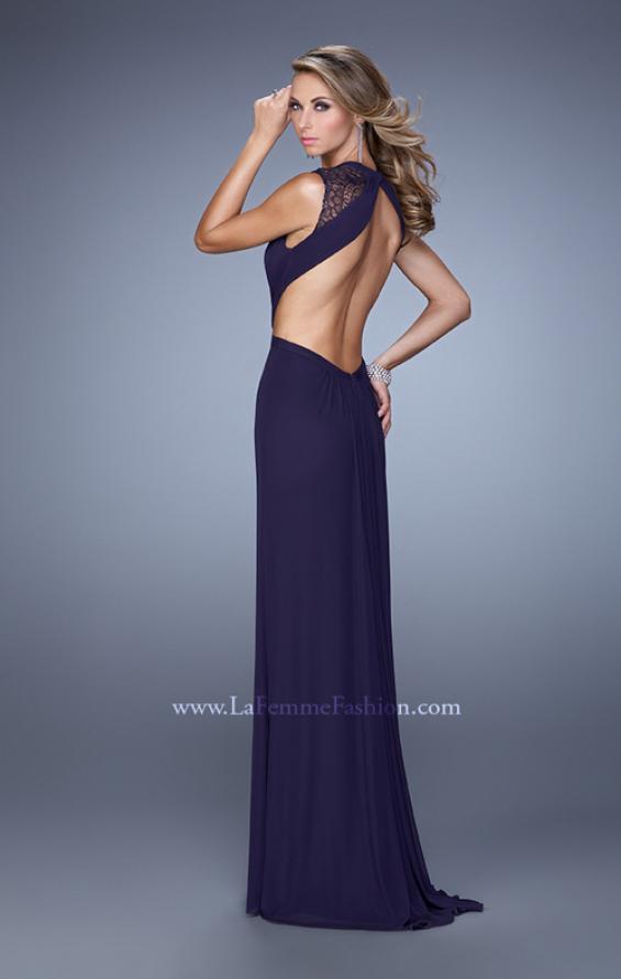 Picture of: Ruched Bodice Prom Gown with Open Diamond Back in Plum, Style: 21191, Back Picture