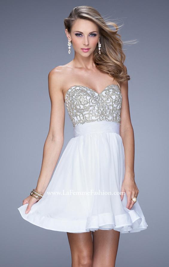 Picture of: Chiffon Cocktail Dress with Beaded Embroidery and Belt, Style: 21202 in White, Detail Picture 3