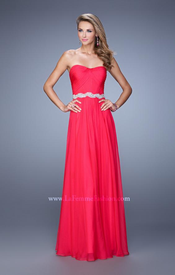 Picture of: Long Chiffon Prom Dress with Pearl and Rhinestone Belt in Red, Style: 21218, Detail Picture 3