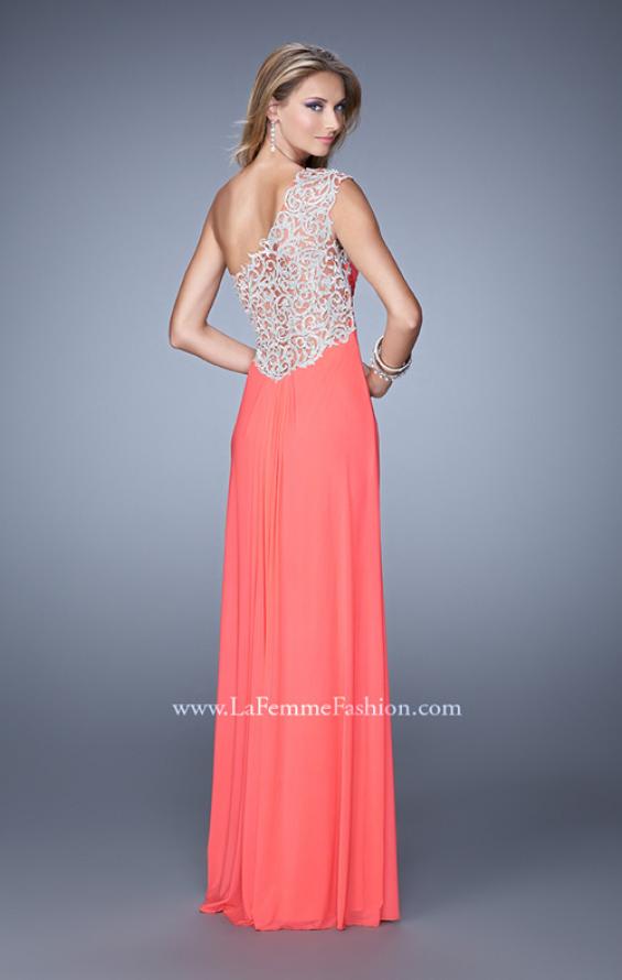 Picture of: Long One Shoulder Jersey Prom Dress with Embroidery in Coral, Style: 21219, Back Picture
