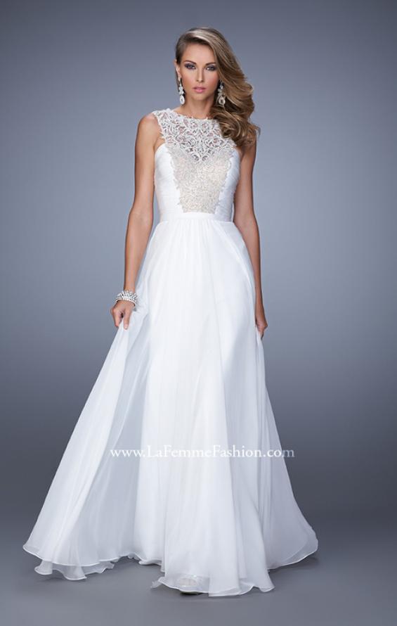 Picture of: High Scoop Neckline Prom Gown with Rhinestone Detail in White, Style: 21222, Detail Picture 2