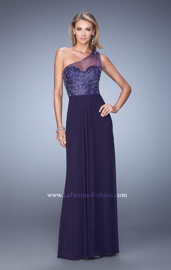 Picture of: One Shoulder Prom Dress with Net Overlay and Beads in Purple, Style: 21239, Detail Picture 1