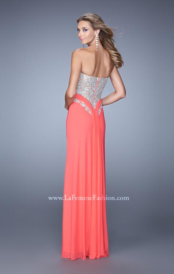 Picture of: Strapless Prom Dress with Beaded Embroidery Cut Outs in Coral, Style: 21256, Back Picture