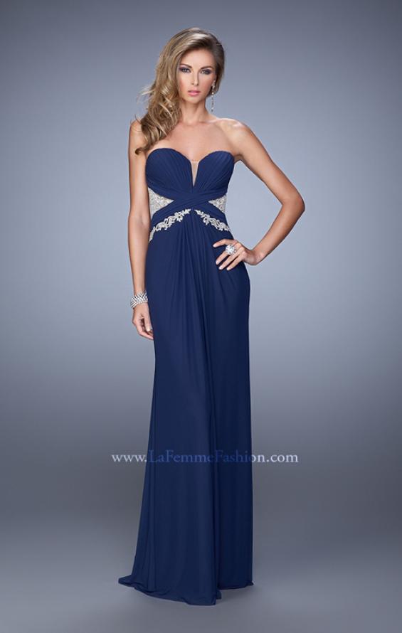 Picture of: Strapless Prom Dress with Beaded Embroidery Cut Outs in Navy, Style: 21256, Detail Picture 1