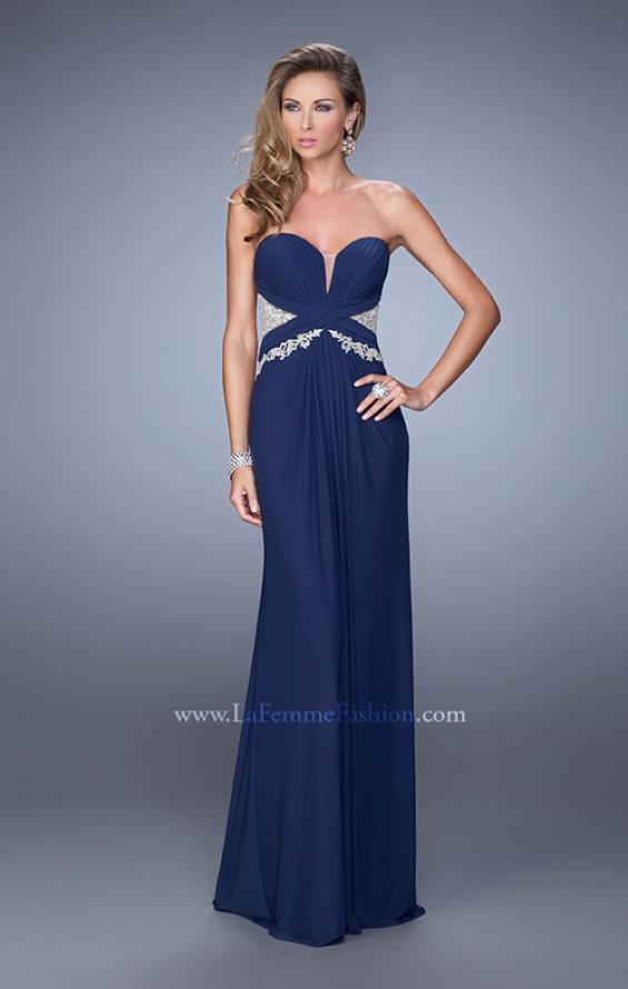 Picture of: Strapless Prom Dress with Beaded Embroidery Cut Outs in Navy, Style: 21256, Detail Picture 4