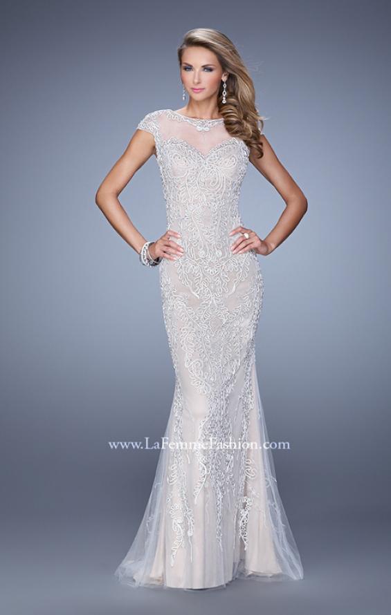 Picture of: Cap Sleeve Long Prom Dress with Embroidery and Beads in White, Style: 21259, Detail Picture 1