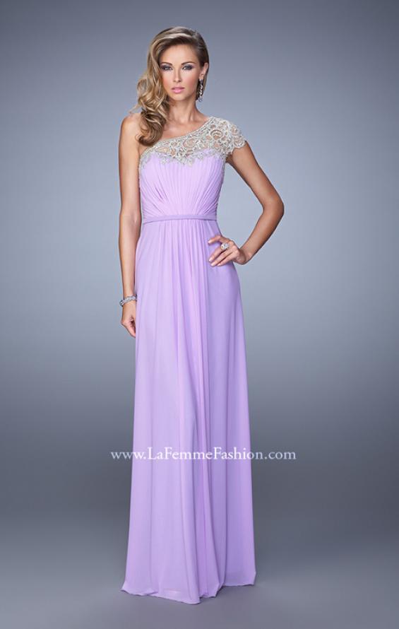 Picture of: One Shoulder Prom Dress with Embroidered Sleeves in Purple, Style: 21309, Detail Picture 1