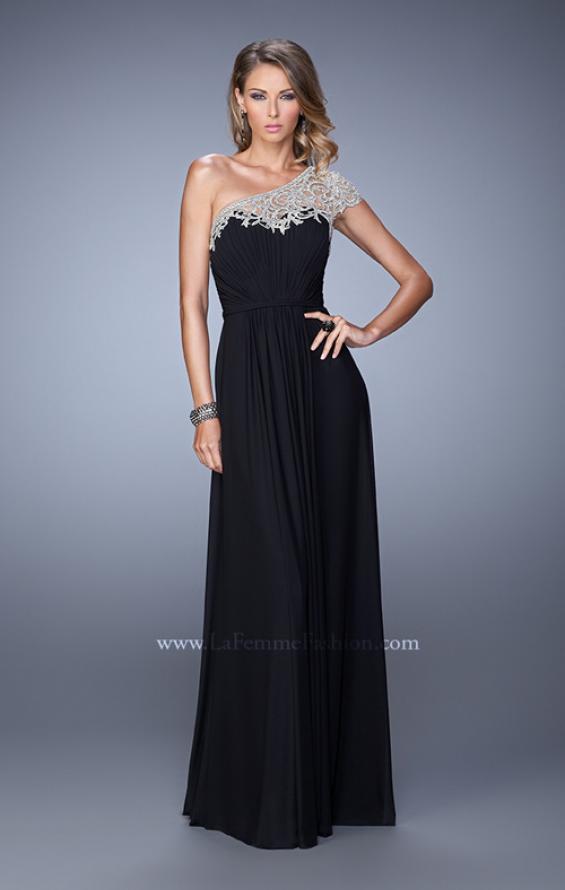 Picture of: One Shoulder Prom Dress with Embroidered Sleeves in Black, Style: 21309, Detail Picture 2