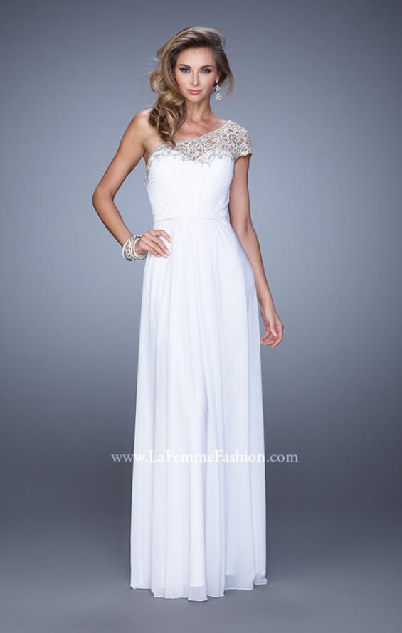 Picture of: One Shoulder Prom Dress with Embroidered Sleeves in White, Style: 21309, Detail Picture 4