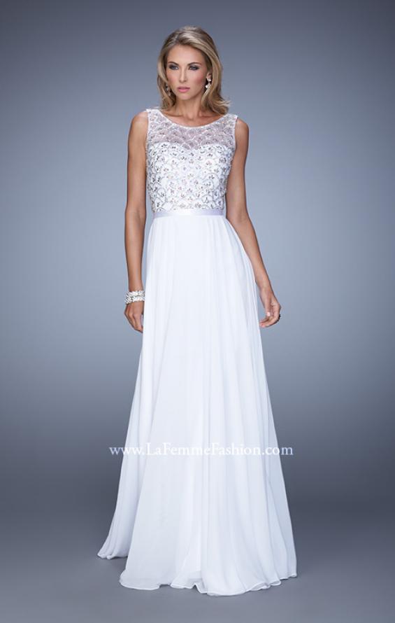Picture of: Beaded Bodice Chiffon Prom Dress with Satin Belt in White, Style: 21322, Detail Picture 1