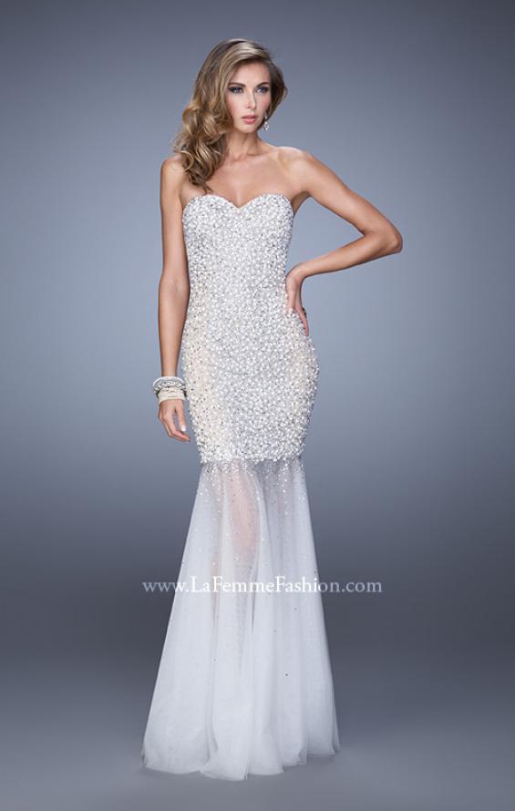 Picture of: Strapless Prom Gown with Full Skirt, Pearls, and Stones in White, Style: 21324, Detail Picture 1