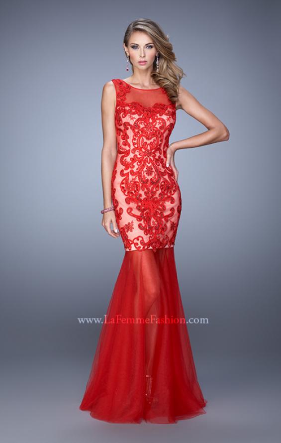 Picture of: Mermaid Gown with Sheer Neckline and Black Jewels in Red, Style: 21328, Detail Picture 1