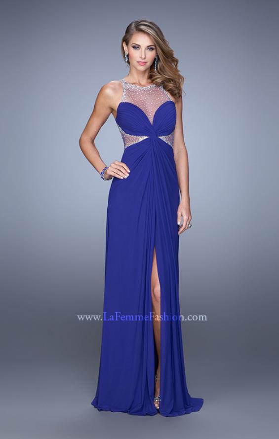 Picture of: Net Jersey Gown with Stones and Gathered Knot Detail in Blue, Style: 21355, Detail Picture 3