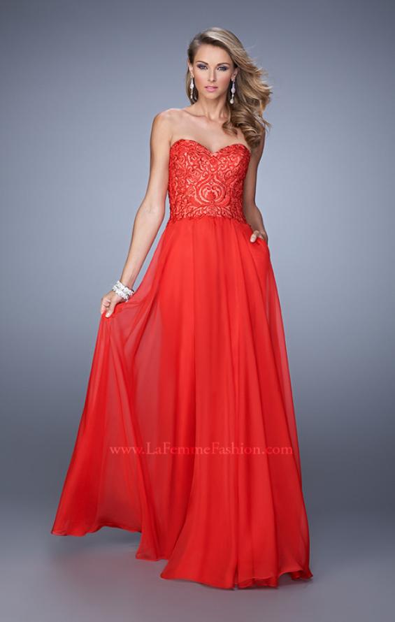 Picture of: Embroidered Chiffon Prom Dress with Pockets in Red, Style: 21360, Detail Picture 2
