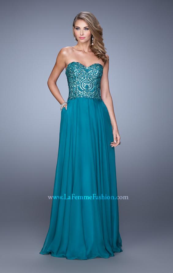 Picture of: Embroidered Chiffon Prom Dress with Pockets in Emerald, Style: 21360, Detail Picture 4