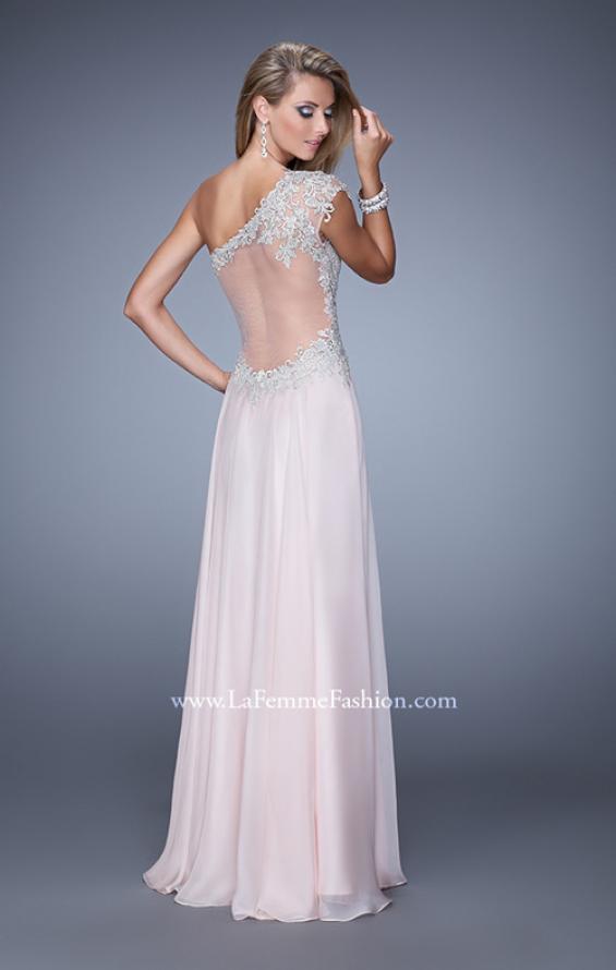 Picture of: One Shoulder Chiffon Prom Dress with Metallic Embroidery in Pink, Style: 21379, Back Picture