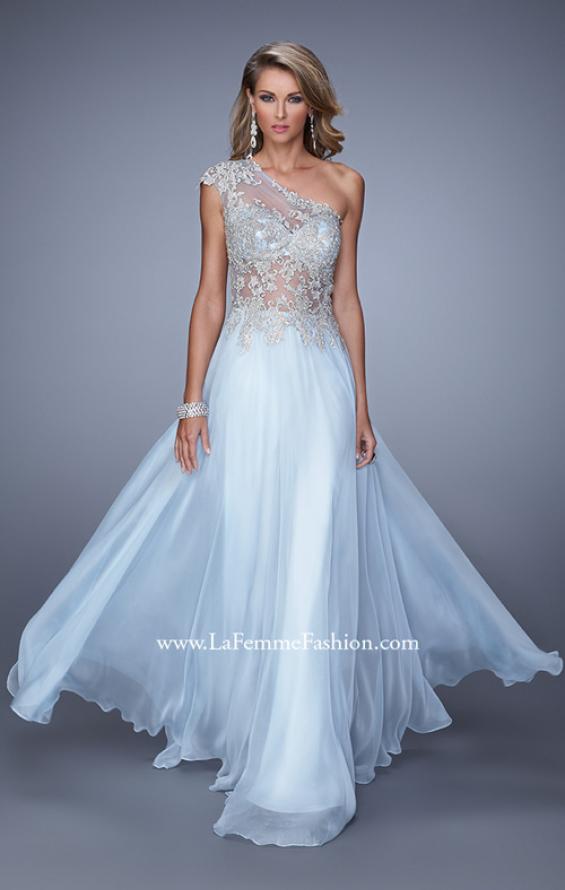 Picture of: One Shoulder Chiffon Prom Dress with Metallic Embroidery in Blue, Style: 21379, Detail Picture 2