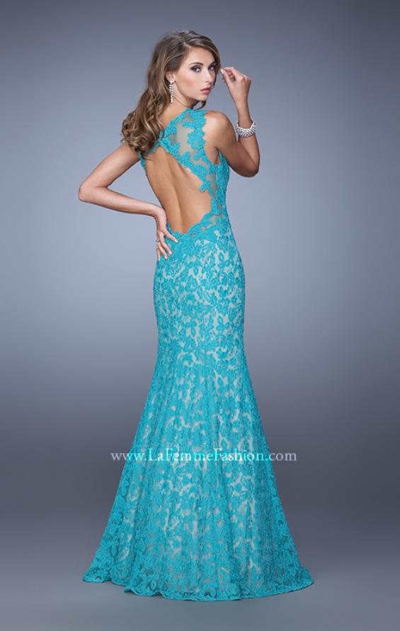 Picture of: Lace Mermaid Prom Dress with Sheer Halter Neckline in Peacock, Style: 21389, Detail Picture 4