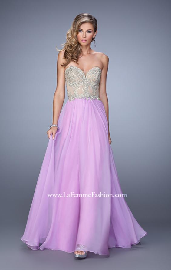 Picture of: Strapless Chiffon Gown with Corset Bodice and Stones in Purple, Style: 21390, Detail Picture 1