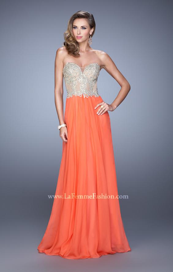 Picture of: Strapless Chiffon Gown with Corset Bodice and Stones in Orange, Style: 21390, Detail Picture 3