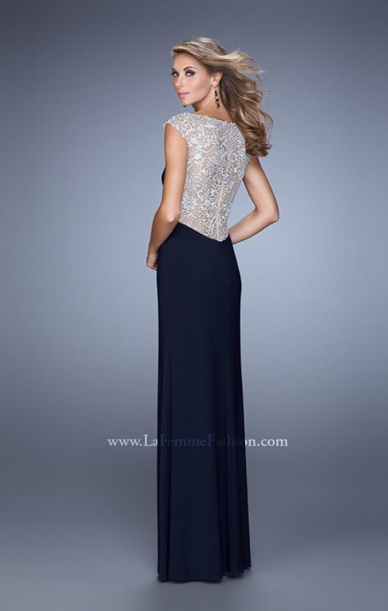 Picture of: Jersey Prom Dress with Sheer Detail and Side Leg Slit in Navy, Style: 21467, Back Picture