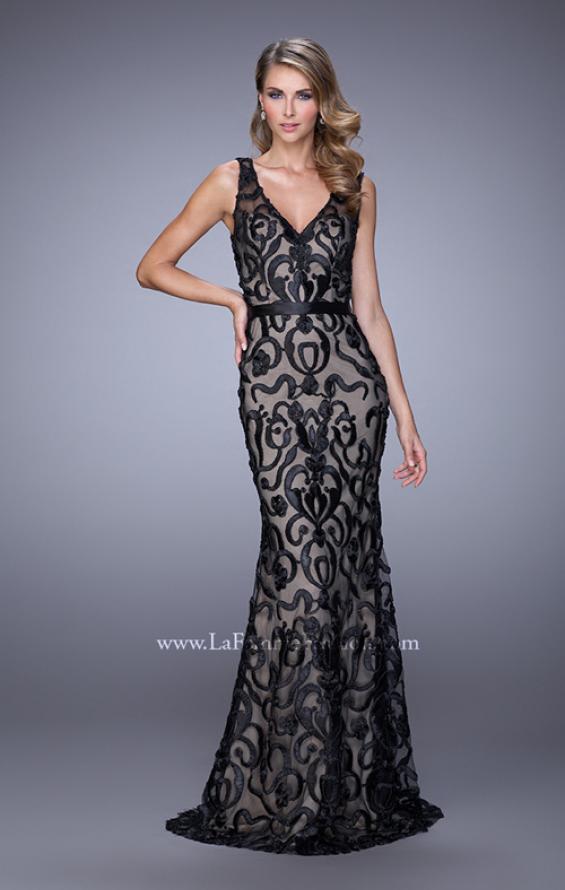 Picture of: Lace Prom Dress with Low V Back and Attached Belt in Black, Style: 21491, Main Picture