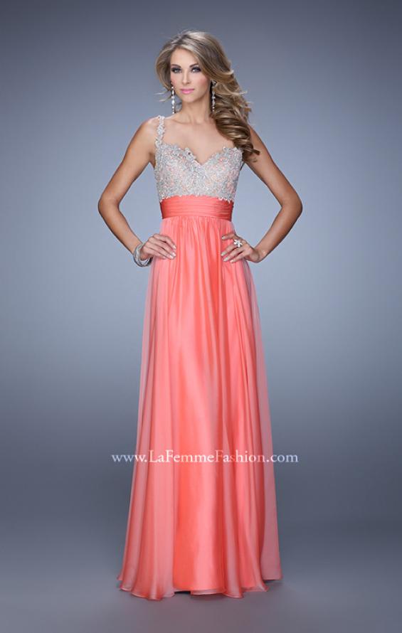 Picture of: Jeweled Encrusted Embroidered Long Chiffon Prom Dress in Coral, Style: 21505, Detail Picture 3
