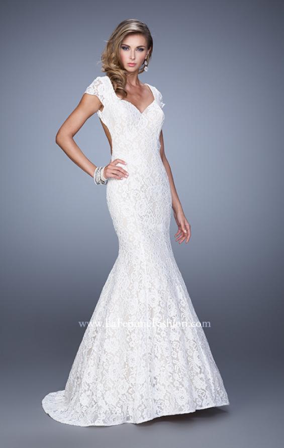 Picture of: Lace Mermaid Gown with Cap Sleeves and Open Back in White, Style: 21509, Detail Picture 2